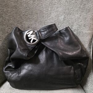 Black Leather Handbag with Silver Logo